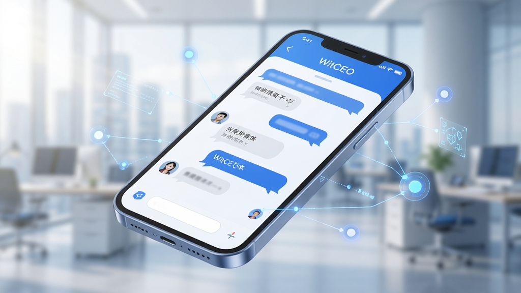 画面主体为一款名为“WitCEO”的智能手机应用界面,界面设计现代简约,主色调为科技蓝与纯净白。屏幕中央显示一个智能对话窗口,窗口中包含多条气泡消息,展示着用户与AI的交流过程。手机周围漂浮着象征人工智能的发光数据节点与线条,背景是模糊的都市办公环境,光线明亮柔和。整体布局以手机为中心,采用45度视角,突出屏幕内容。风格为3D渲染,细节丰富,质感通透,画质高清,干净无多余元素。图片中文字需清晰显示“WitCEO”字样。