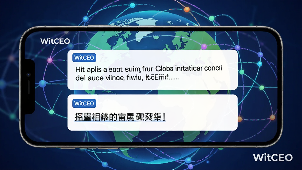 图片主体为“WitCEO”应用的多语言翻译界面,屏幕上显示一段英文文本,下方立即出现对应的中文翻译,两段文字以卡片形式上下排列,语言标识清晰。背景为地球与网络连接线的抽象图形,代表全球沟通。布局采用手机横屏展示,中心对称。风格为科技感插画,色彩鲜明,细节丰富,画质清晰,无多余元素。图片中需包含“WitCEO”应用水印。