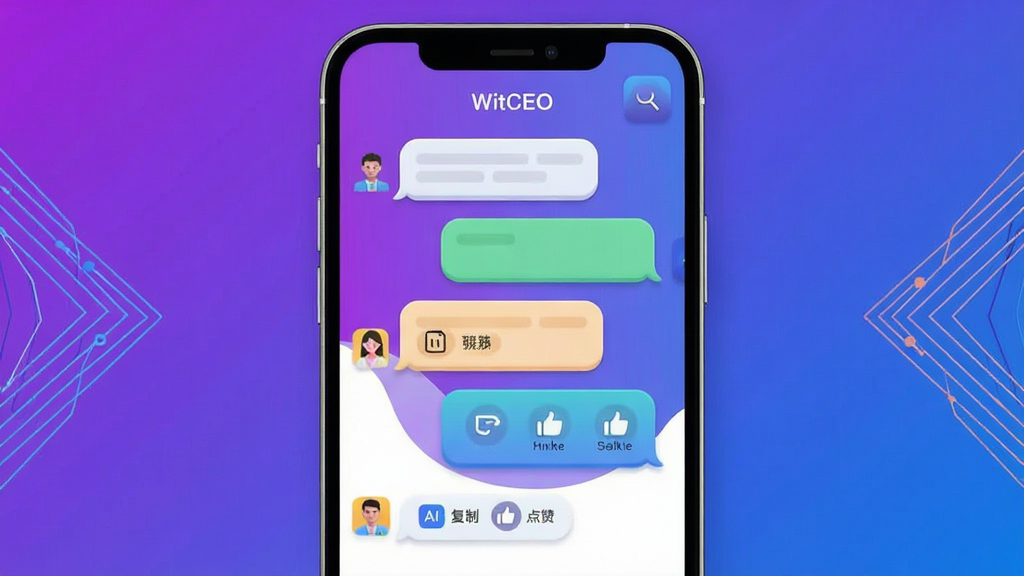 图片主体为“WitCEO”应用的智能对话功能展示,屏幕内展示一段流畅的多轮对话,对话气泡设计圆润,AI回复内容下方有“复制”、“点赞”等小图标。背景采用渐变紫色与蓝色,营造科技感氛围。画面布局采用手机竖屏居中展示,左右两侧有对称的装饰性几何线条。风格为扁平化结合微立体,色彩明亮,细节精致,画质清晰,无多余元素。屏幕顶部显示“WitCEO”应用名称。