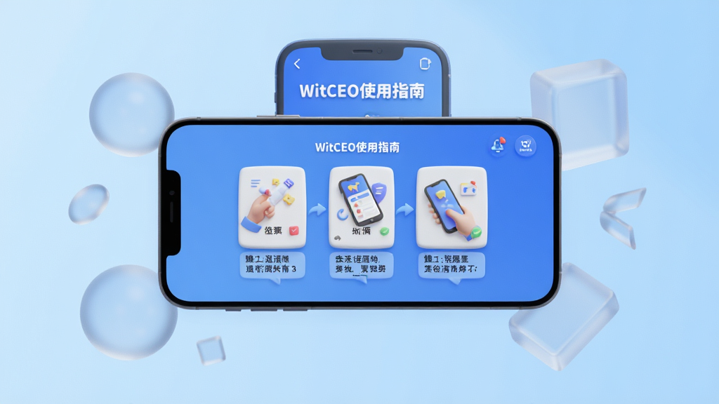画面主体为一部智能手机横屏显示“WitCEO”应用的使用教程页面,屏幕上有步骤图示与文字说明。背景为干净的浅蓝色渐变,四周有半透明的几何图形装饰。布局采用手机居中,屏幕内容清晰可辨。风格为3D渲染,光线柔和,细节丰富,画质高清,无多余元素。屏幕上方显示“WitCEO使用指南”字样。
