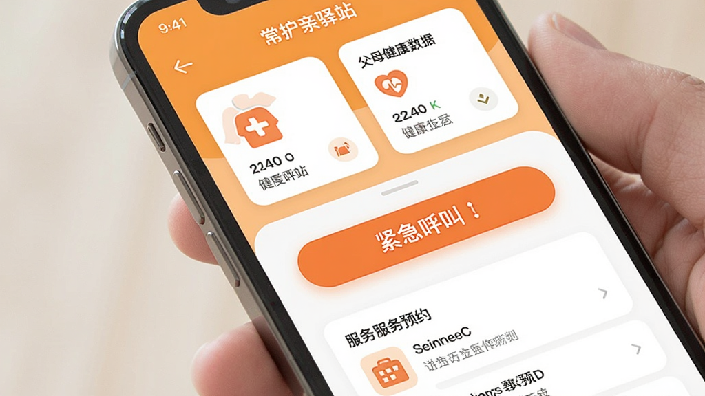 现代简约风格的智慧养老软件界面展示,主体为智能手机屏幕特写,屏幕内显示常护亲驿站APP主界面,布局清晰,上方为父母健康数据卡片,中间为紧急呼叫按钮,下方为服务预约列表,整体色调温馨明亮,以暖橙色和白色为主,扁平化设计风格,细节丰富,画质干净,无多余元素