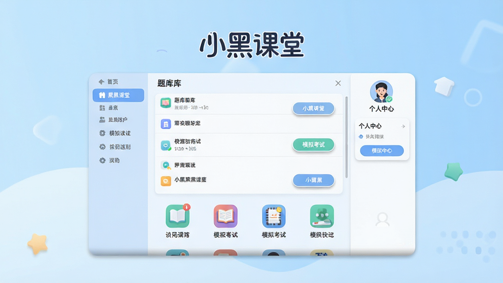 主体:小黑课堂软件主界面展示,屏幕上显示题库列表与模拟考试按钮,背景为浅蓝色渐变。布局:界面居中,上方为“小黑课堂”品牌字样,下方功能图标排列整齐。排版:左中右三栏式结构,左侧导航栏,中间内容区,右侧个人中心。风格:扁平化设计,色彩清新明快,细节:图标圆润,按钮有轻微阴影,画质:高清,干净,无多余元素。
