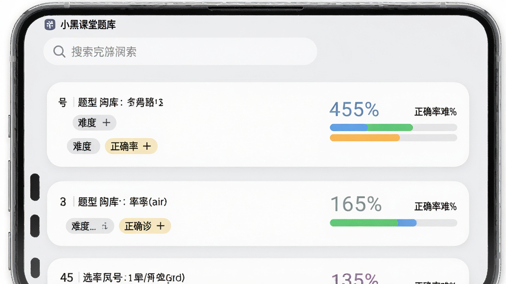 主体:小黑课堂题库界面,展示选择题与操作题列表,每题右侧有正确率百分比。布局:手机竖屏界面,上方搜索栏,下方题目列表。排版:列表式布局,每题卡片包含题号、题型与难度标签。风格:简洁商务风,背景浅灰,卡片白色带圆角。细节:正确率用彩色进度条显示,画质:高清,干净,无多余元素。