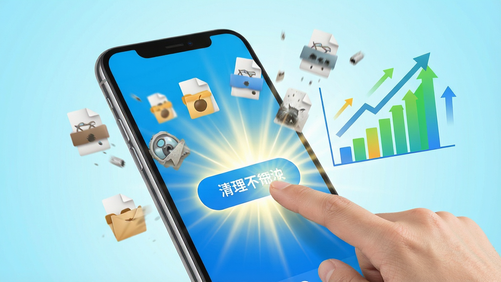 一张展现Waste Tools一键清理功能的动态效果图,画面中手机屏幕上的清理按钮被手指点击后,放射出光芒,周围垃圾文件图标逐渐消失,存储空间图表快速上升,背景为明亮的淡蓝色渐变,主体突出,布局动感,排版简洁,风格活力,细节到位,画质清晰,干净无多余元素