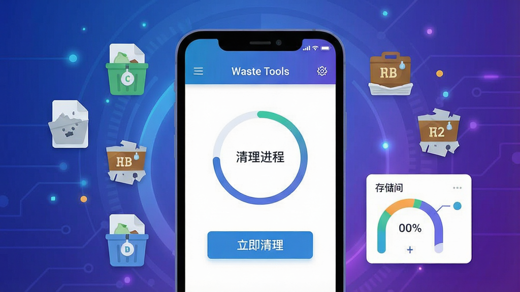 一幅展示Waste Tools软件主界面的高清数字插画,画面中央为智能手机屏幕特写,屏幕中显示简洁的清理进度环和“立即清理”按钮,周围环绕悬浮的垃圾文件图标、缓存碎片和存储空间占比图表,背景采用渐变的蓝紫色科技感光效,主体突出,布局饱满,排版干净,风格现代扁平化,细节丰富,画质清晰,干净无多余元素