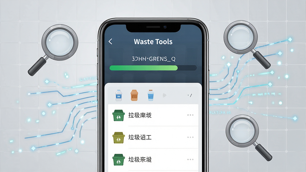 一张展示Waste Tools智能扫描过程的界面截图风格插画,画面以手机屏幕为主体,屏幕上显示扫描进度条和分类垃圾文件列表,周围有放大镜图标和闪烁的数据流线条,背景为浅灰色科技网格,主体突出,布局合理,排版清晰,风格写实,细节丰富,画质干净,无多余元素
