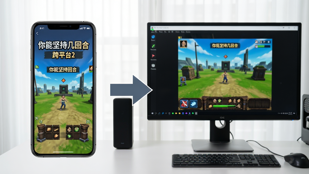 主体:手机屏幕显示《你能坚持几回合》游戏运行界面,旁边有一台电脑显示器显示模拟器界面。布局:手机在左,电脑在右,中间有箭头连接。排版:对比式布局,突出跨平台运行。风格:写实风格,光线明亮。细节:手机和电脑屏幕上均显示游戏画面,清晰可见。画质:高清,干净,无多余元素。