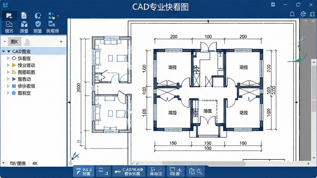 ���壺CADרҵ�쿴ͼ��������չʾ������Ϊһ�Ÿ��彨��ƽ��ͼ��ǰ��Ϊ���������������֣����������ʾͼ���б����Ҳ�Ϊͼֽ��ʾ�����ײ������š������ȿ�ݰ�ť���Ű棺���������ͼ�������ֱ�ǩ���룬ɫ�����������ɫΪ��������ִ���ƽ����ƣ��Ƽ���ǿ��ϸ�ڣ�ͼֽ������������ע�ߴ����������ɼ����������ơ�CADרҵ�쿴ͼ��λ�ڽ��涥�������ʣ�4K���壬�ɾ��޶���Ԫ�ء�