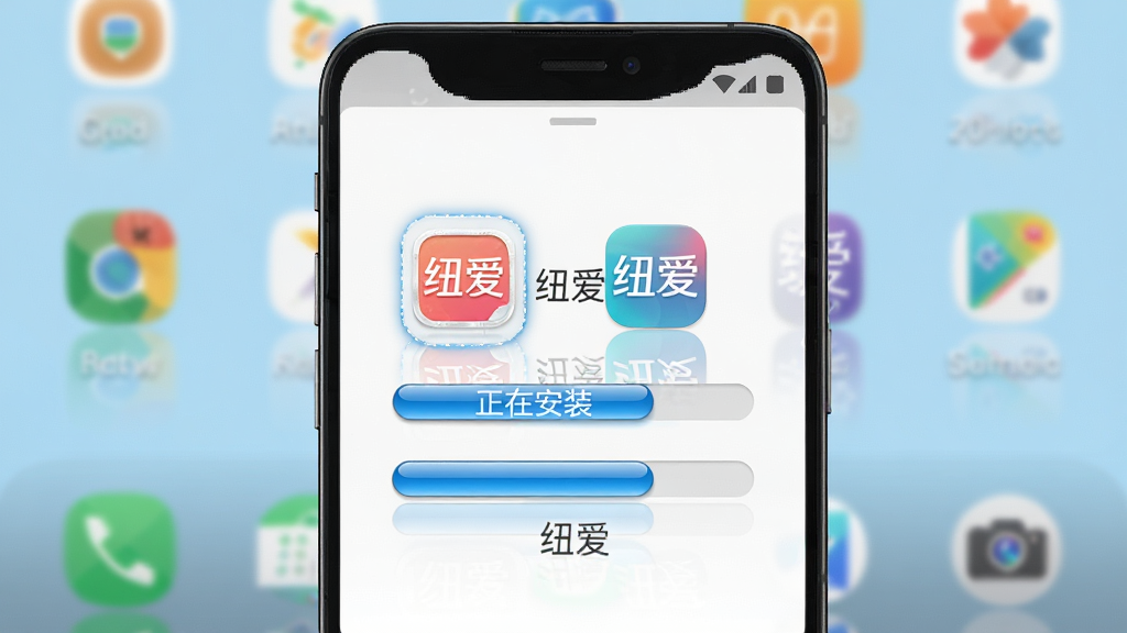 主体:纽爱APP在手机上的安装界面截图,背景为安卓桌面,图标高亮;布局:手机居中,屏幕内显示“正在安装”进度条,旁边有“纽爱”图标;排版:图标下方有“纽爱”文字,进度条为蓝色;风格:写实风格,桌面壁纸为淡蓝色;细节:安装进度条有光泽,图标有倒影,画面干净;画质:高清,细节清晰。