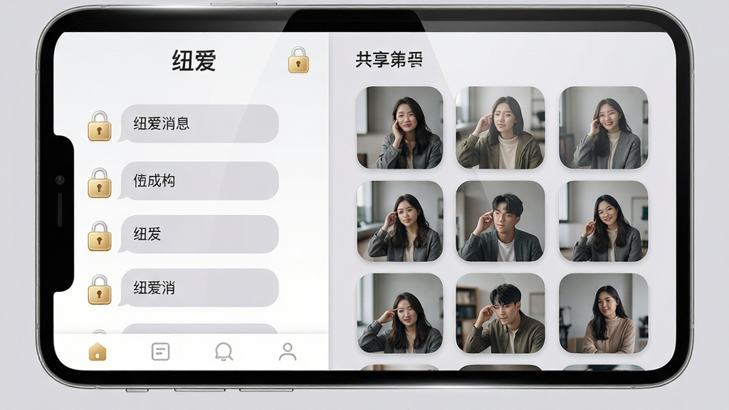 主体:纽爱APP的“二人空间”界面,左侧为消息列表,右侧为共享相册缩略图,背景为浅灰色;布局:左右分栏,上方有“纽爱”字样和锁形图标,下方有导航栏;排版:消息气泡圆润,相册图片以网格排列,整体对齐;风格:简洁商务风,淡雅色调;细节:锁形图标有金色描边,相册缩略图带圆角,屏幕有微弱反光,干净无多余元素;画质:高清渲染,质感细腻。