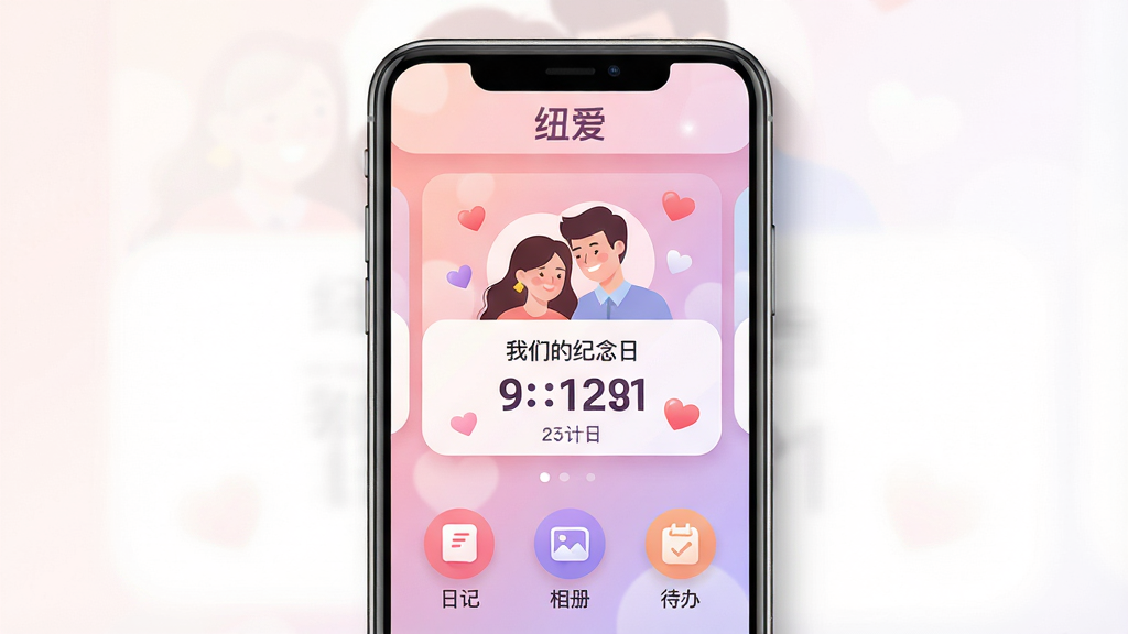 主体:纽爱APP主界面展示,手机屏幕中央显示情侣头像与“我们的纪念日”倒计时卡片,背景为温馨的粉紫色渐变;布局:手机竖屏居中,四周留白,顶部有“纽爱”文字Logo,下方依次排列“日记”、“相册”、“待办”三个圆形功能图标;排版:图标与文字对齐,卡片圆角设计,间距均匀;风格:扁平化插画风,色彩柔和,光感通透;细节:手机边框有细微阴影,屏幕内显示日期与爱心装饰,画面干净无多余元素;画质:4K高清,清晰细腻,无噪点。
