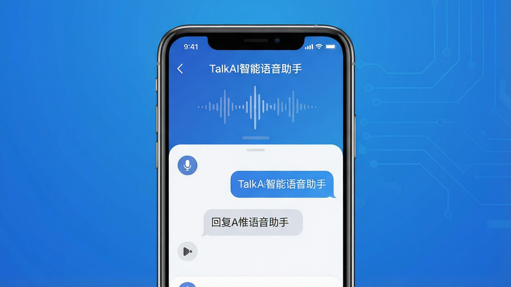 一张展示TalkAI智能语音助手应用界面全貌的高清宣传图,主体是手机屏幕内的对话式AI交互界面,背景为简洁的科技蓝渐变,布局采用居中构图,界面显示语音波形动画和“TalkAI智能语音助手”字样,排版干净清爽,风格现代扁平化,细节包括麦克风图标和文字回复气泡,画质清晰细腻,干净无多余元素