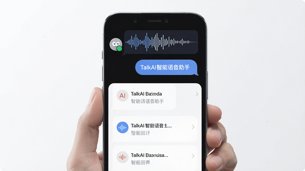 展示TalkAI智能语音助手进行多轮对话的场景,主体是手机界面,布局为上下对话流,上方是一条用户语音输入的波形,下方是AI智能回复的卡片,排版为列表式,风格清新简约,细节中突出“TalkAI智能语音助手”的对话气泡,背景干净,画质高清,无多余元素