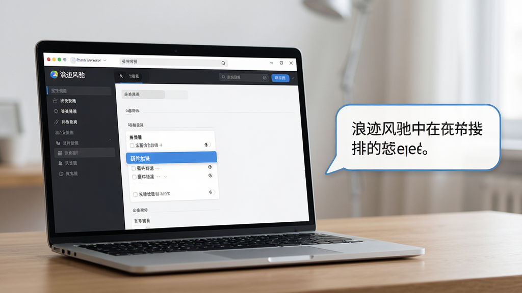 主体:一台笔记本电脑屏幕显示着浪迹风驰浏览器的设置界面, 布局:电脑位于画面中央偏左, 右侧留白用于放置文字气泡, 排版:平视视角, 简洁明了, 风格:写实风格与扁平化图标结合, 细节:屏幕上设置菜单高亮显示