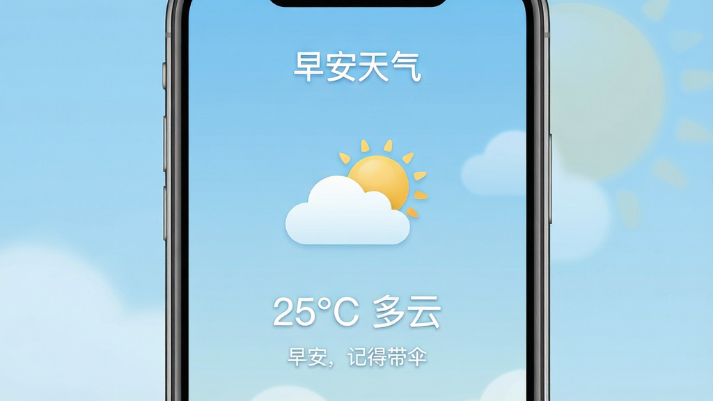高清数字艺术风格展示图,主体为一部智能手机屏幕占据画面中心,屏幕内显示“早安天气”APP界面,界面设计简洁清新,以淡蓝色渐变天空为背景,中央有白色云朵和金黄色太阳图标,下方清晰显示“25°C 多云”字样以及“早安,记得带伞”的中文提醒文字,布局居中对称,排版清爽,细节丰富,画质细腻,干净无多余元素