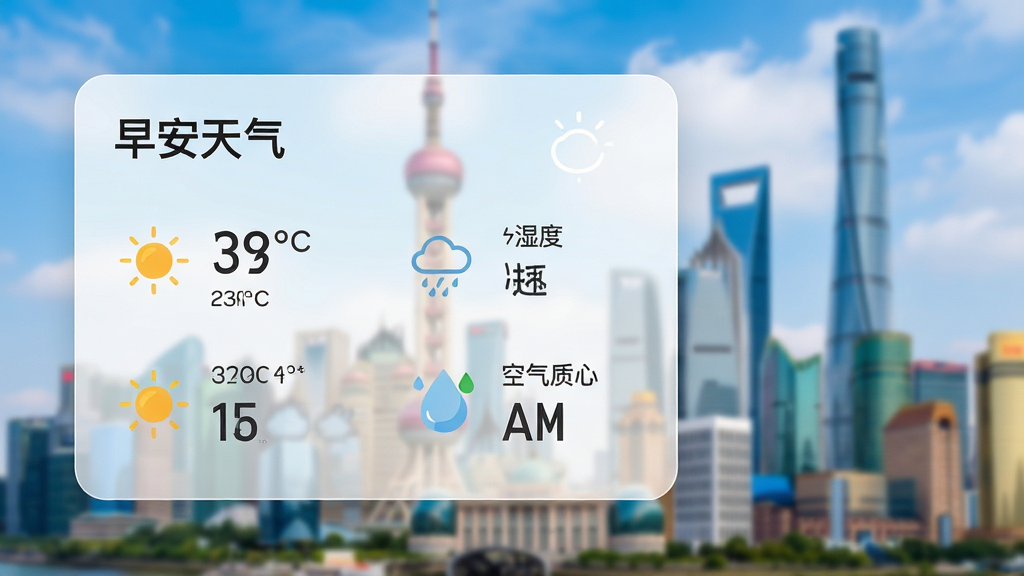 应用内页截图风格展示图,前景是放大的“早安天气”数据详情面板,面板以白色半透明毛玻璃质感呈现,上面显示温度、湿度、风速、空气质量等详细数据图标,背景虚化处理,显示城市地标建筑和蓝天白云,整体风格现代简洁,数据排版有序,细节清晰,画质高清,干净无多余元素