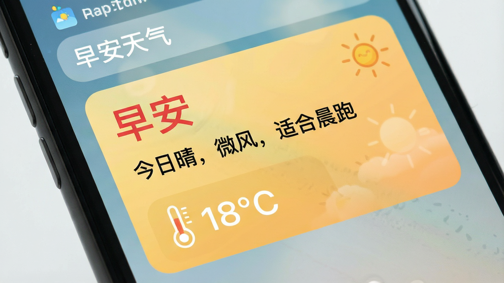 手机锁屏界面特写,屏幕显示“早安天气”APP推送的晨间问候卡片,卡片背景是柔和的暖黄色渐变,左上角有红色“早安”二字,下方黑色文字写着“今日晴,微风,适合晨跑”,卡片底部是温度计图标和“18°C”白色字样,整体布局扁平化,风格清新,细节精致,画质清晰,干净无多余元素