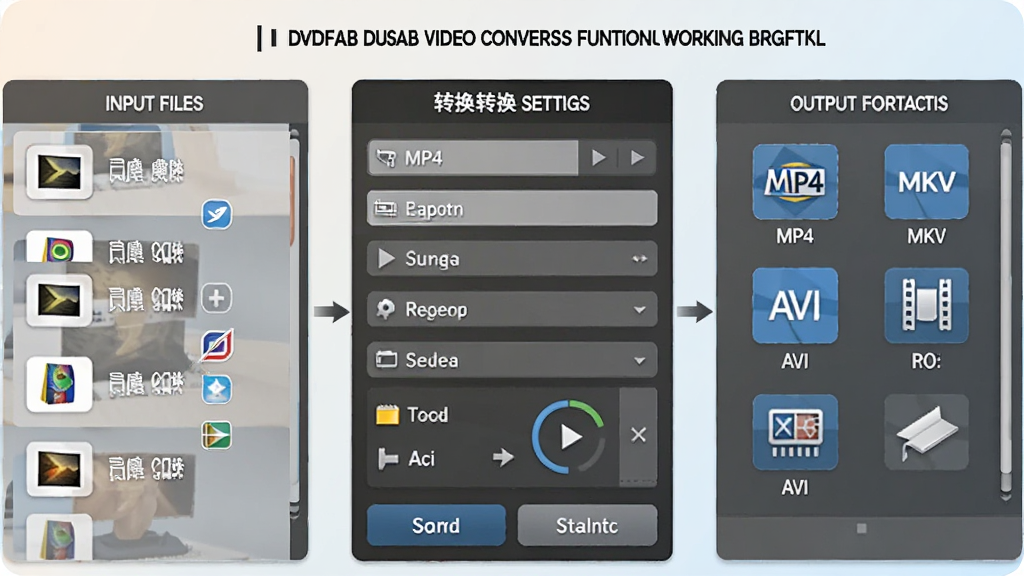 一幅展示DVDFab视频转换功能的工作流程图,左侧为输入文件列表,中间为转换设置面板,右侧为输出格式选择,包含MP4、MKV、AVI等图标,背景为浅色渐变,整体风格简洁明了,画质清晰