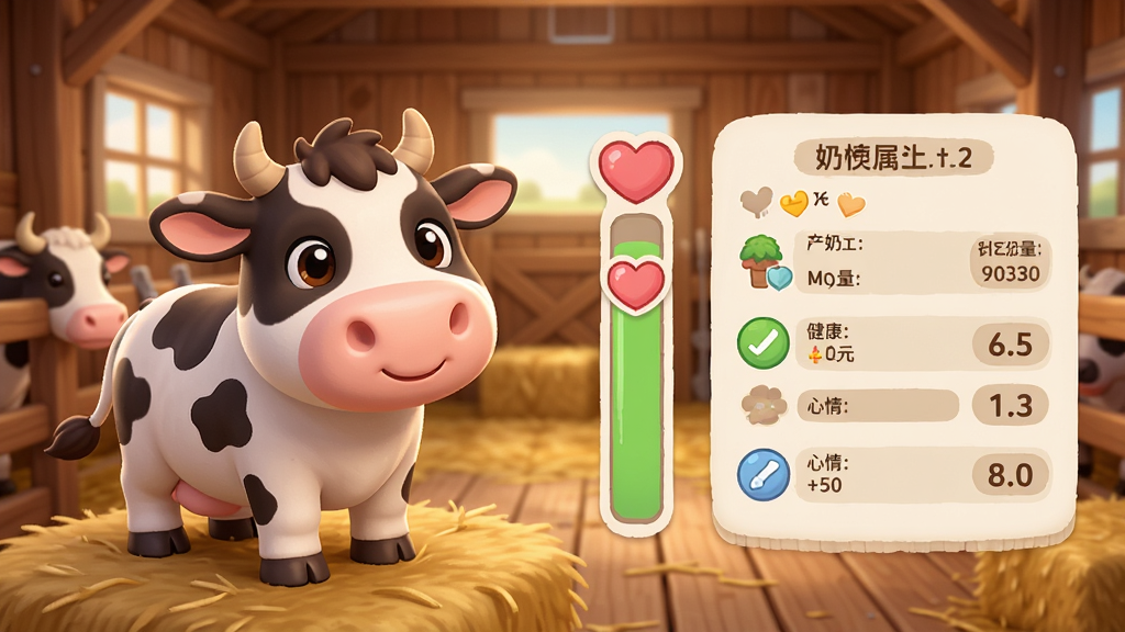 牛来模拟器奶牛养成界面,展示一只可爱的卡通奶牛,旁边有爱心好感度条和属性面板,包括产奶量、健康、心情等数值,背景是温馨的牛舍,UI设计简洁,色彩柔和,高清画质