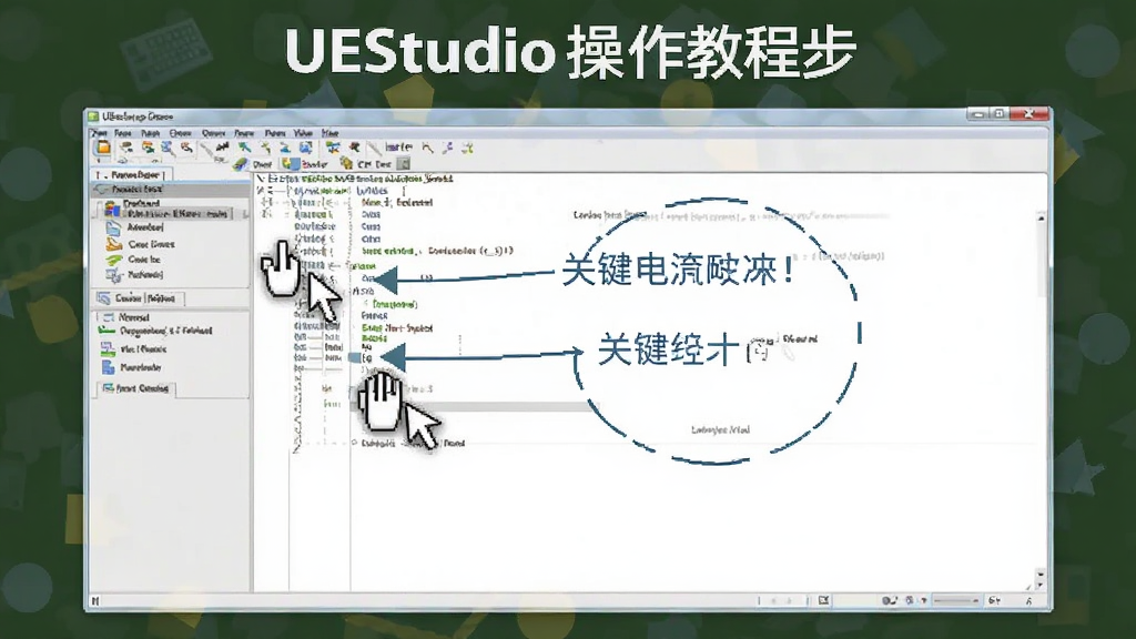 UEStudio操作教程步骤示意图,主体为软件操作界面,标注出关键功能区域,布局清晰,风格教学化,细节包括鼠标点击位置,画质干净