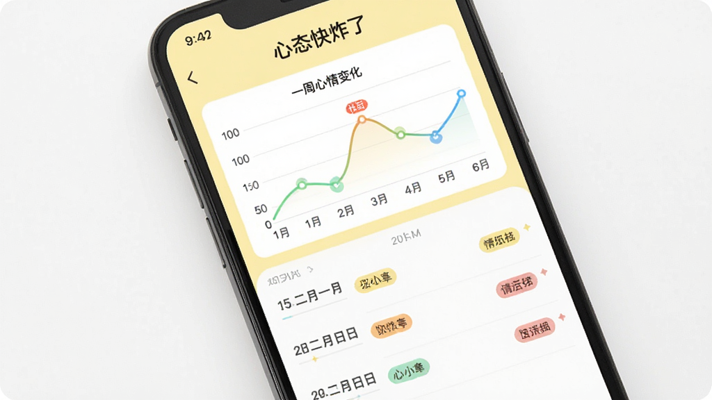 �ֻ���Ļչʾ����̬��ը�ˡ�APP�������ռǽ��棬�Ϸ���һ������ͼ����ʾһ�ܵ�����仯���·��������б���ÿ����¼���ж�Ӧ��������ǩ����ɫ��ǣ��������Լ���£��Ե���ɫ�Ͱ�ɫΪ���������������ɾ��޶���Ԫ��