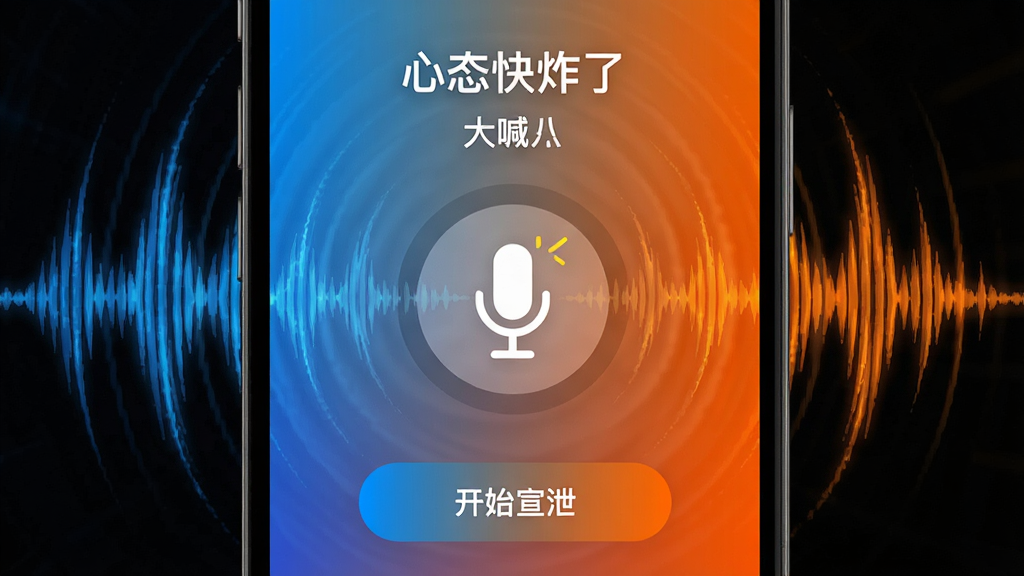 �ֻ���Ļչʾ����̬��ը�ˡ�APP�ġ��󺰡����ܽ��棬�����Ƕ�̬��������ɢ��Ч����Ļ������һ����˷�ͼ�꣬�·��ǡ���ʼ��й����ť������ɫ�ʴ���ɫ���䵽��ɫ�����������У������������ɾ��޶���Ԫ��