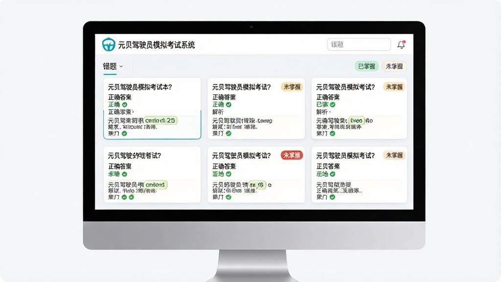 主体:元贝驾驶员模拟考试系统错题本界面,电脑屏幕显示错题列表,每道题有正确答案标注和解析。布局:列表式布局,错题卡片依次排列。排版:题目文字清晰,解析在下方。风格:简洁清新界面风格。细节:显示“已掌握”和“未掌握”标签,顶部有“元贝驾驶员模拟考试系统”Logo。画质:高清,干净,无多余元素。