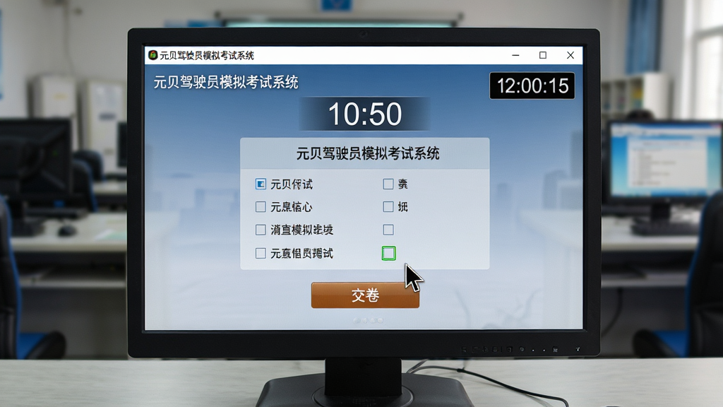 主体:元贝驾驶员模拟考试系统全真模拟考试界面,屏幕显示倒计时、题目选项和交卷按钮,界面风格与真实考场电脑一致。布局:软件窗口居中,背景为考试环境。排版:计时器在右上角,题目居中显示。风格:写实模拟风格,庄重正式。细节:鼠标指针正在点击选项,屏幕上显示“元贝驾驶员模拟考试系统”字样。画质:高清,干净,无多余元素。