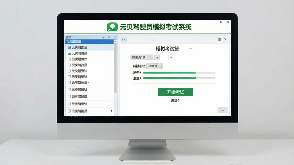 主体:元贝驾驶员模拟考试系统软件界面截图,电脑屏幕显示科目一答题页面,左侧是题库列表,右侧是模拟考试答题区域,顶部有“元贝驾驶员模拟考试系统”绿色Logo。布局:居中构图,软件界面占画面主体,背景为浅灰色桌面。排版:界面文字清晰,按钮布局合理。风格:写实截图风格,明亮清晰。细节:显示“开始考试”按钮和进度条,界面整洁。画质:高清,干净,无多余元素。