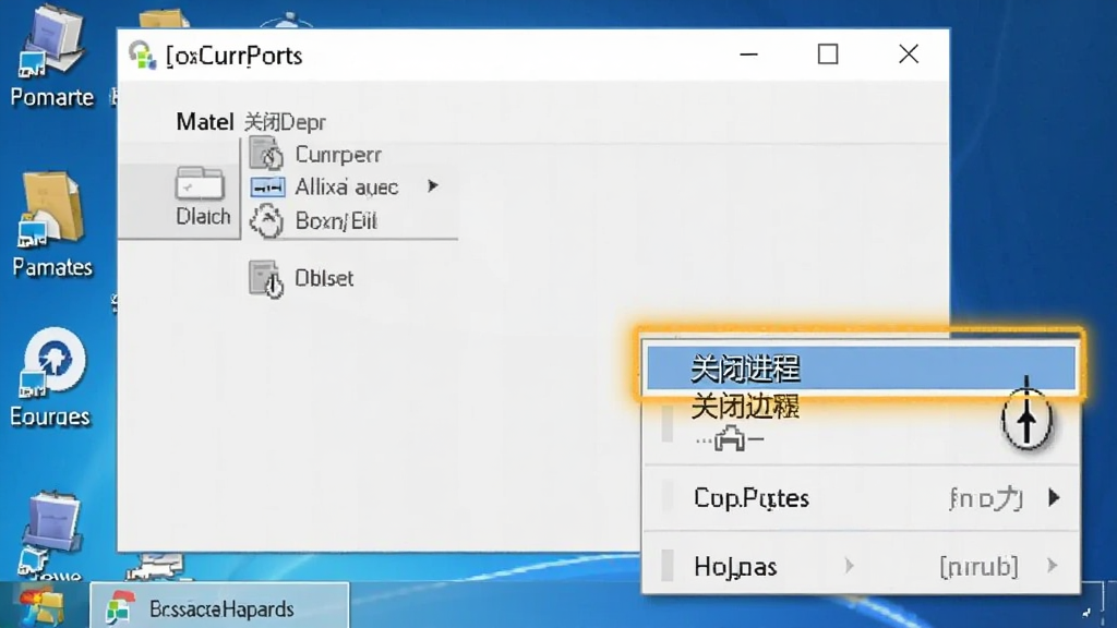 CurrPorts关闭进程操作示意图,鼠标右键弹出菜单,显示