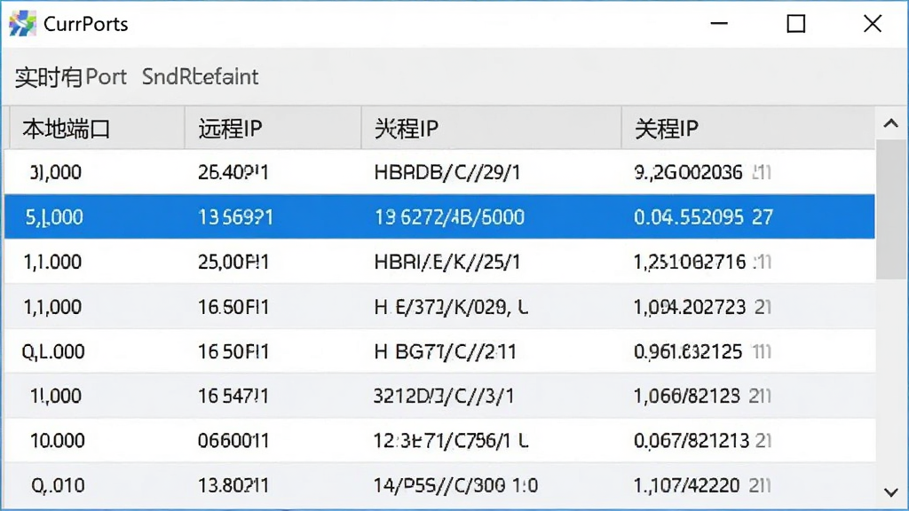CurrPorts软件功能展示图,展示实时刷新的端口列表,高亮显示关键列如