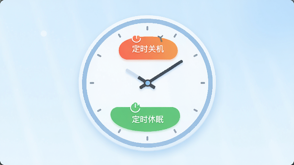 易特定时关机软件主界面展示,画面中央是一个简洁的圆形时钟表盘,表盘上标有“定时关机”、“定时重启”、“定时休眠”三个彩色按钮,背景为淡蓝色渐变,整体风格干净明亮,排版居中,UI设计扁平化,细节圆润,画质高清,干净,无多余元素