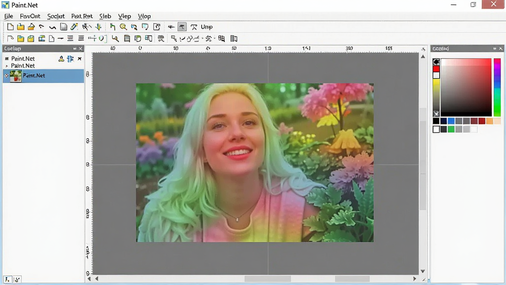 һ��չʾ Paint.NET ������Ľ�ͼ����������˵�������������ͼ������ɫ����壬�м���ʾһ�����ڱ༭�Ĳ�ɫͼƬ�����岼������������ִ������ʸɾ����޶���Ԫ�أ�ͼƬ���ֱ�ע��Paint.NET��