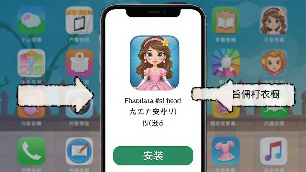公主梦想衣橱游戏安装教程截图,手机屏幕显示应用安装界面,下方有“安装”按钮,背景为手机桌面图标,画面清晰,操作指引明确。
