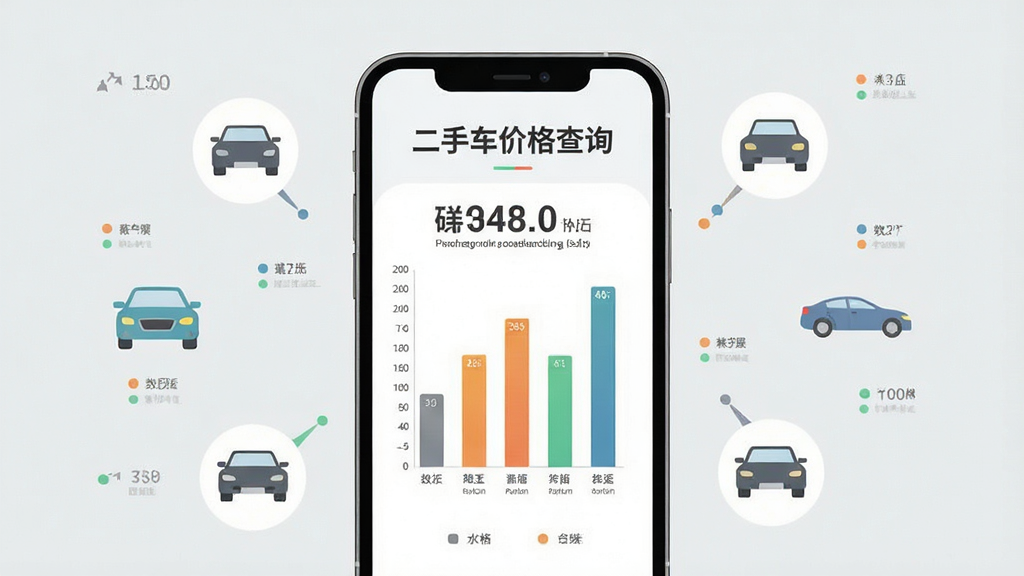 主体为手机屏幕展示估价结果页面,屏幕内显示“二手车价格查询”和价格区间柱状图,布局居中,周围有车辆图标与数据点装饰,排版整洁,浅灰背景,风格扁平化,细节突出价格数字,画质清晰,干净,无多余元素