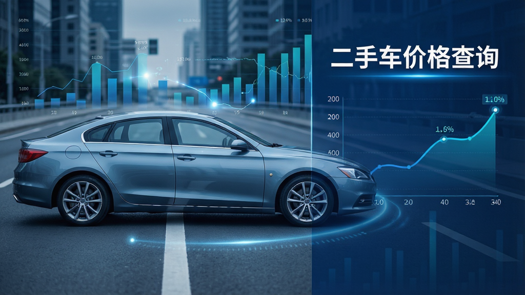 主体是一辆现代感十足的二手轿车侧面轮廓,背景为城市道路与数据图表叠加,布局采用左右分割,左侧车辆实拍图,右侧显示“二手车价格查询”字样与价格曲线,排版干净,科技蓝主色调,风格简洁商务,细节包括车辆反光与数据光效,画质高清,干净,无多余元素