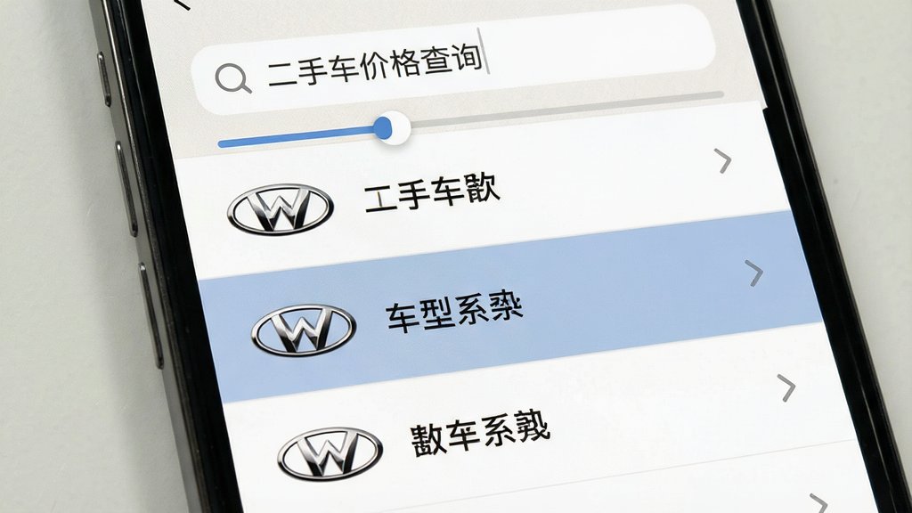 主体为手机应用内车型选择列表,列表项显示品牌logo与车系名称,背景为浅色纹理,布局列表式,上方搜索框标注“二手车价格查询”,排版整齐,风格简洁,细节有滑动条与选中高亮,画质干净,无多余元素
