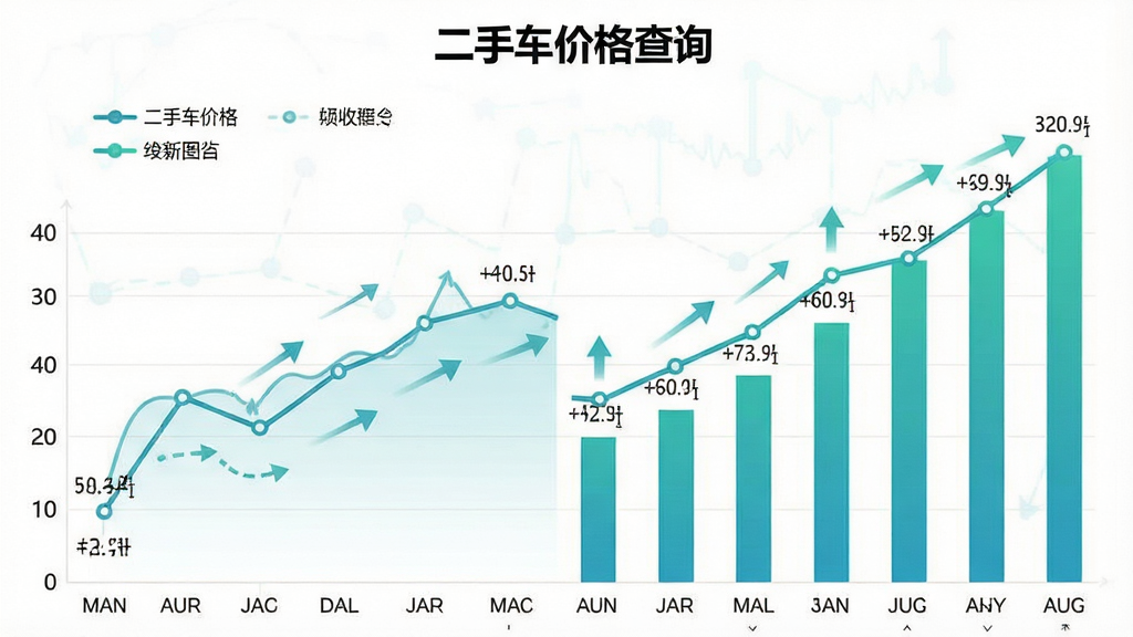 主体为折线图与柱状图组合的行情趋势图,图表内标注“二手车价格查询”与月份坐标,布局左右分布,左侧图例,右侧数据点,风格清新,蓝绿色调,细节有数据标签与涨跌箭头,画质高清,干净,无多余元素