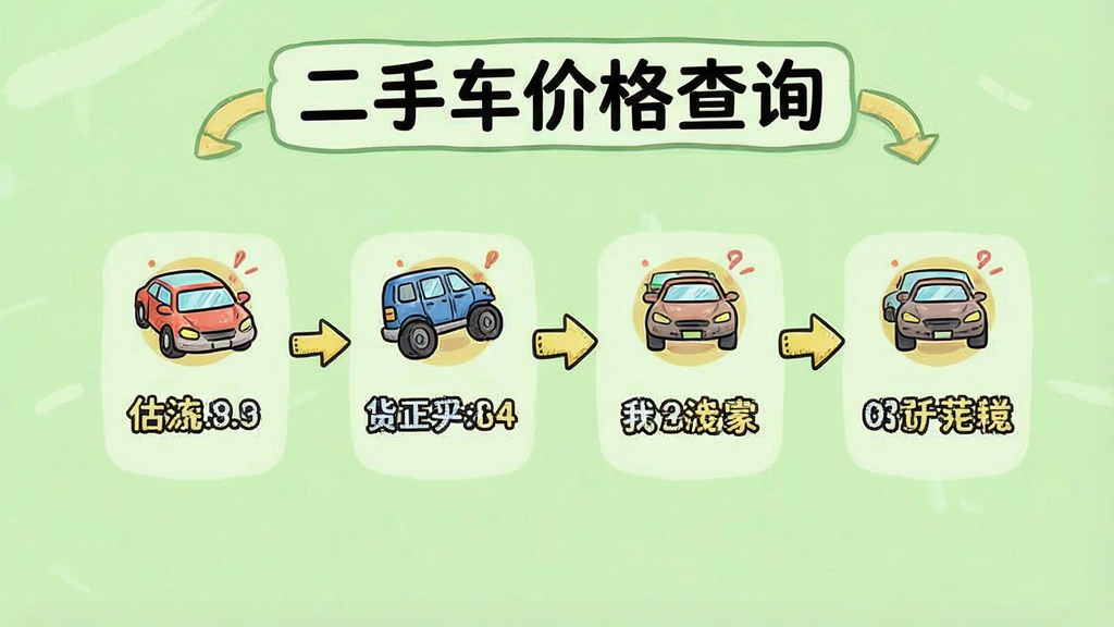 主体为手机操作教程截图,屏幕显示估价流程步骤指引,顶部有“二手车价格查询”字样,布局分步式,每步配图标,风格卡通教学,浅绿色背景,细节有箭头指示,画质干净,无多余元素