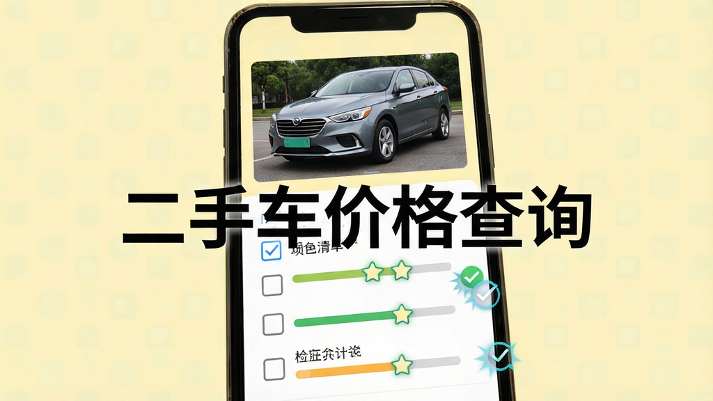 主体为手机界面显示车况检测清单,复选框与评分条,屏幕中央有“二手车价格查询”水印,布局上下结构,上方车辆图片,下方选项,风格实用,浅黄背景,细节有勾选动画,画质清晰,干净,无多余元素