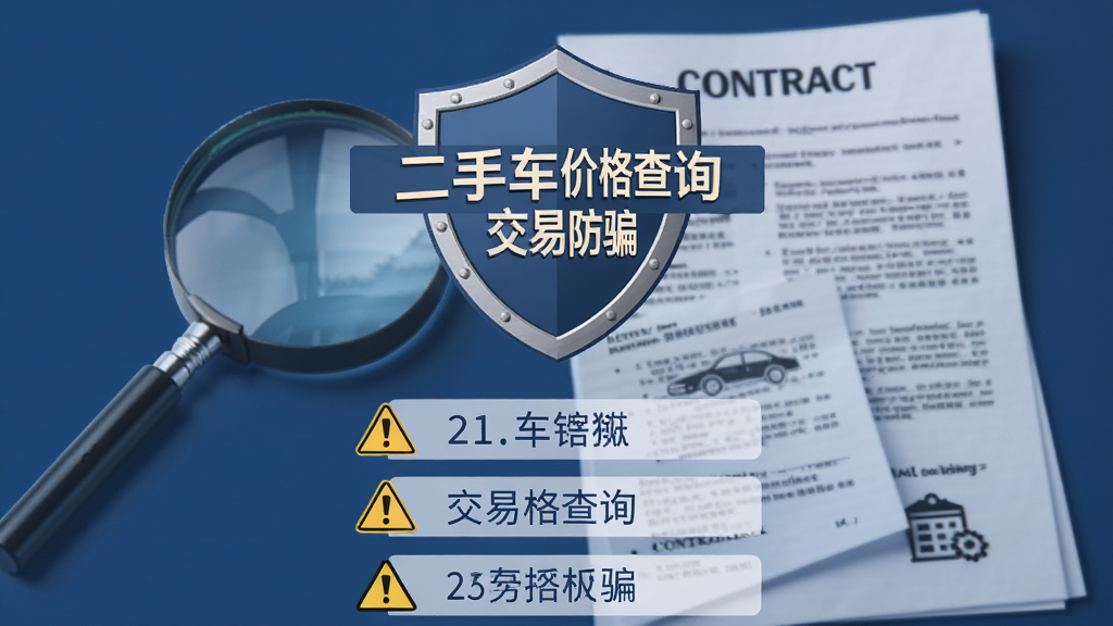 主体为盾牌图标与安全提示文字“二手车价格查询 交易防骗”,背景为放大镜与合同文件,布局居中,盾牌置于上方,下方列表式提示,风格稳重,深蓝色调,细节有警示图标,画质干净,无多余元素