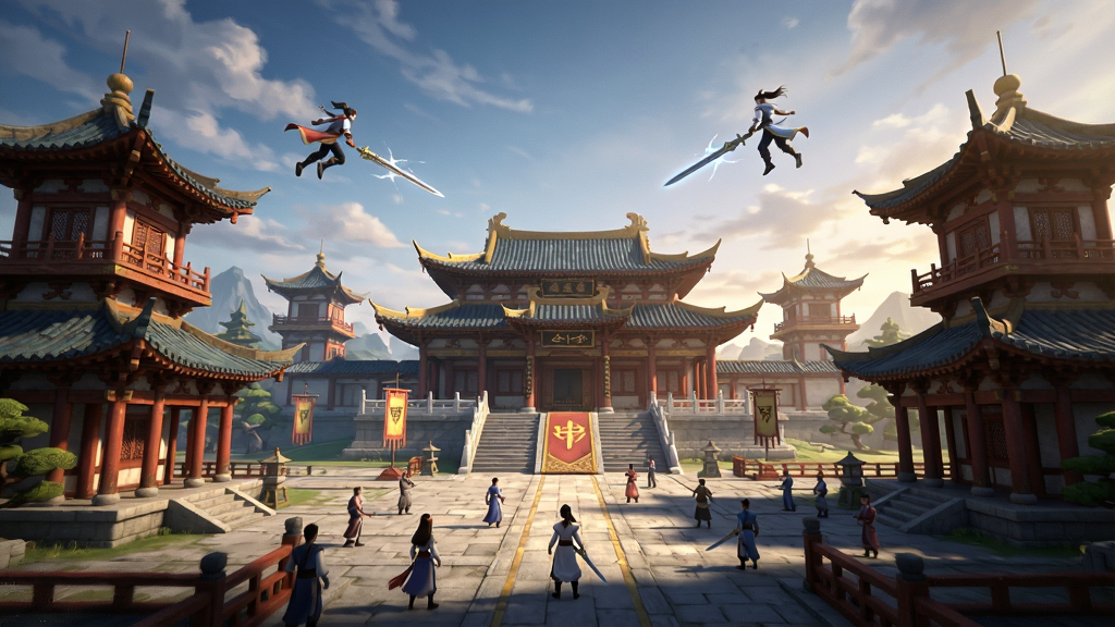 破天一剑游戏主城全景图,画面中央是宏伟的古代宫殿建筑,两侧有飞檐翘角的楼阁,天空中有御剑飞行的玩家,地面有熙熙攘攘的玩家角色,整体风格为东方玄幻,色彩鲜明,光影效果丰富,画质细腻,干净无多余元素