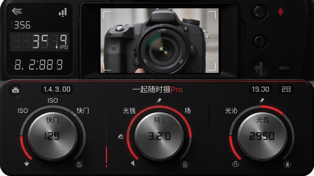 主体:专业相机操作界面展示“一起随时摄Pro”的调节旋钮和参数数值。布局:界面分上下两部分,上方为取景器实时预览,下方为多个圆形调节旋钮。排版:旋钮上标注ISO、快门、光圈等字样,数值清晰可见。风格:深色主题,科技感强,红色点缀。细节:旋钮有金属拉丝质感,数值显示精确,界面边缘有微光。画质:高清,锐利,干净,无多余元素。