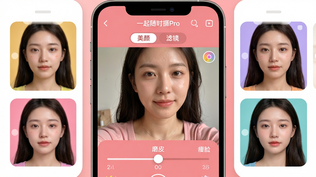 主体:手机屏幕展示“一起随时摄Pro”美颜滤镜界面,左右两侧有不同风格的滤镜效果缩略图。布局:屏幕中央为人物自拍预览,下方有美颜调节滑杆。排版:界面有“美颜”、“滤镜”等标签,滑杆标注“磨皮”、“瘦脸”等参数。风格:明亮温馨,粉色调为主。细节:人物皮肤质感自然,滤镜缩略图色彩丰富,界面圆润。画质:4K超清,干净,无多余元素。