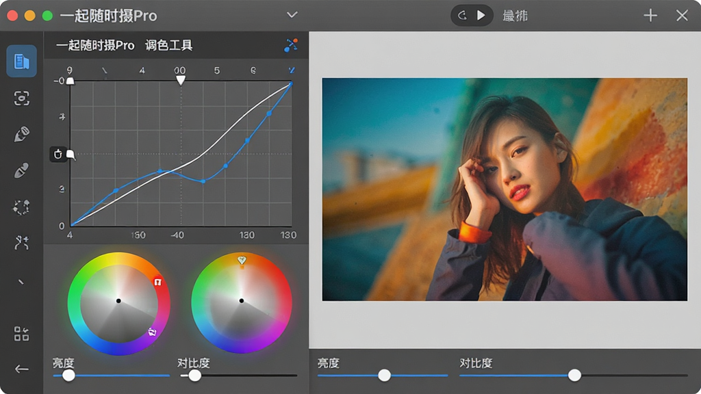 主体:编辑界面展示“一起随时摄Pro”的调色工具面板,有曲线图和色轮。布局:左侧为编辑工具栏,右侧为图片预览区,底部为参数调整条。排版:工具图标排列整齐,参数调整条标注“亮度”、“对比度”等。风格:简约商务,灰色背景,蓝色高亮。细节:曲线图网格清晰,色轮颜色准确,预览图色彩丰富。画质:高清,干净,无多余元素。