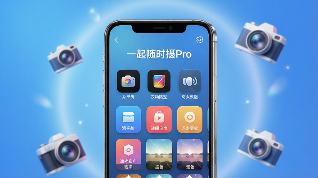 主体:一部智能手机屏幕显示“一起随时摄Pro”应用界面,界面包含丰富的拍摄模式图标和滤镜预览。布局:手机居中,背景为渐变蓝色调,周围有柔和的光晕和漂浮的相机元素。排版:应用界面清晰展示“一起随时摄Pro”字样,下方排列各种功能按钮。风格:现代科技感,明亮通透,色彩鲜艳。细节:界面图标精致,光影效果逼真,手机边缘有金属质感。画质:8K超清,干净,无多余元素。