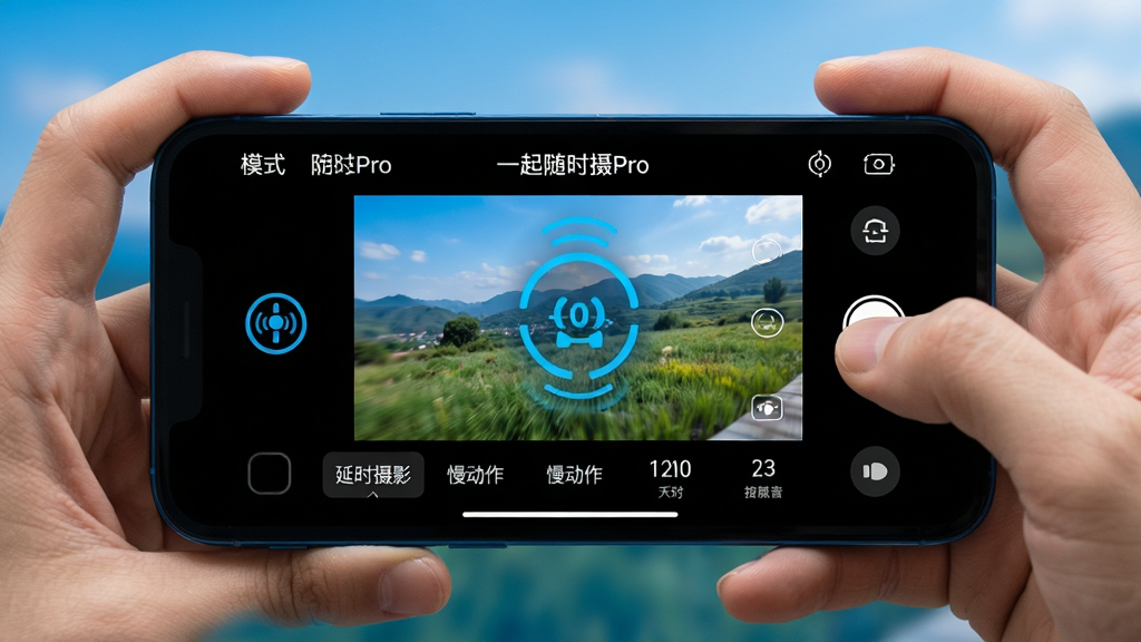主体:手机横持拍摄,屏幕显示“一起随时摄Pro”的稳定拍摄模式,有防抖图标和拍摄参数。布局:屏幕中央为取景画面,下方有模式选择栏。排版:模式名称如“延时摄影”、“慢动作”等清晰标注。风格:动感活力,蓝色科技感。细节:防抖图标明显,画面中的景物清晰不模糊。画质:高清,流畅,干净,无多余元素。