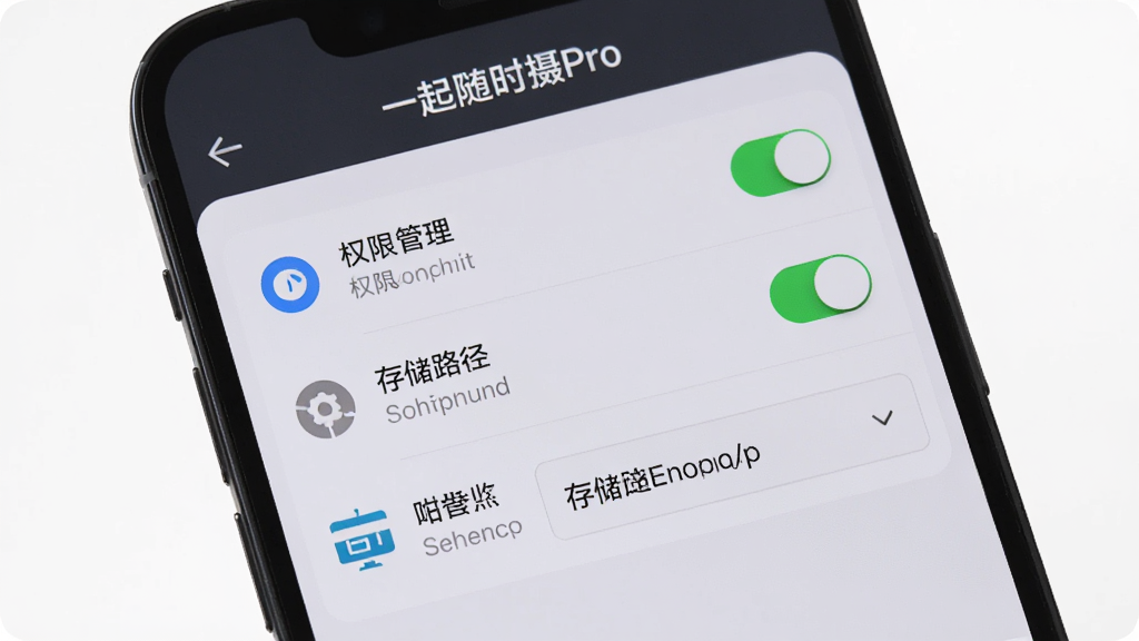 主体:一部手机展示“一起随时摄Pro”的设置页面,包含权限管理、存储路径等选项。布局:界面顶部为标题栏,下方为功能列表。排版:每个设置项有图标和文字说明。风格:浅灰质感,简洁明了。细节:权限开关状态清晰,存储路径有下拉菜单。画质:高清,干净,无多余元素。