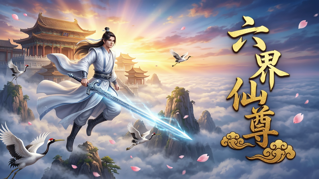 主体:《六界仙尊》游戏宣传图,展示一位白衣飘飘的仙侠人物御剑飞行于云雾缭绕的仙山之巅,身后是巍峨的宫殿和绚烂的霞光。布局:人物居中偏左,右侧留白用于放置游戏Logo“六界仙尊”四个大字,背景为广阔的天空和流动的云海。排版:游戏Logo采用烫金书法字体,竖排于画面右侧,下方点缀祥云纹样。风格:东方仙侠写实风格,色彩明艳,光影层次丰富。细节:人物衣袂飘飘,剑身泛着寒光,山间有仙鹤飞过,花瓣随风飘落。画质:8K超高清,细节精致,画面干净,无多余元素。