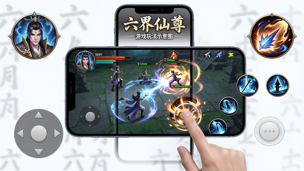 主体:《六界仙尊》游戏玩法示意图,展示玩家在手机上操作游戏的场景,手指点击屏幕释放技能。布局:手机屏幕居中,周围有技能图标和虚拟摇杆的放大图。排版:画面左侧为角色头像和血条,右侧为技能按钮。风格:现代与仙侠结合,简洁明了。细节:屏幕上显示战斗画面,技能特效华丽。画质:高清,干净,无多余元素。